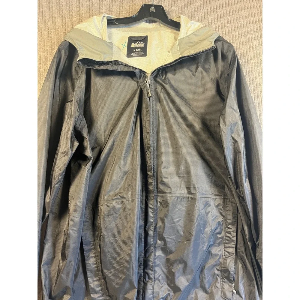 REI Co-op Rainier Rain Jacket Mens Large Tall Black Waterproof Hooded Shell L T